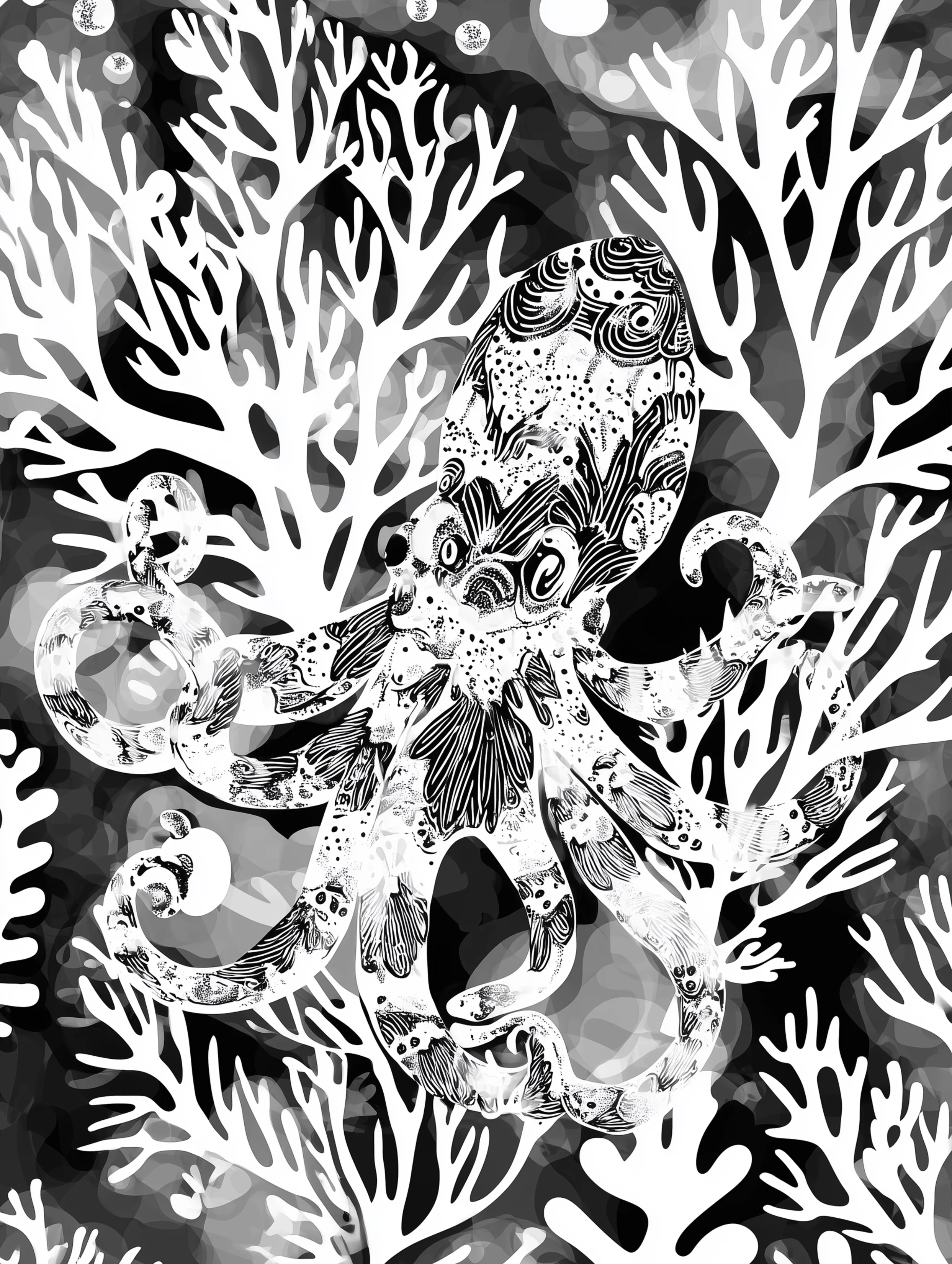 Free printable underwater coloring page for adults featuring a hidden octopus